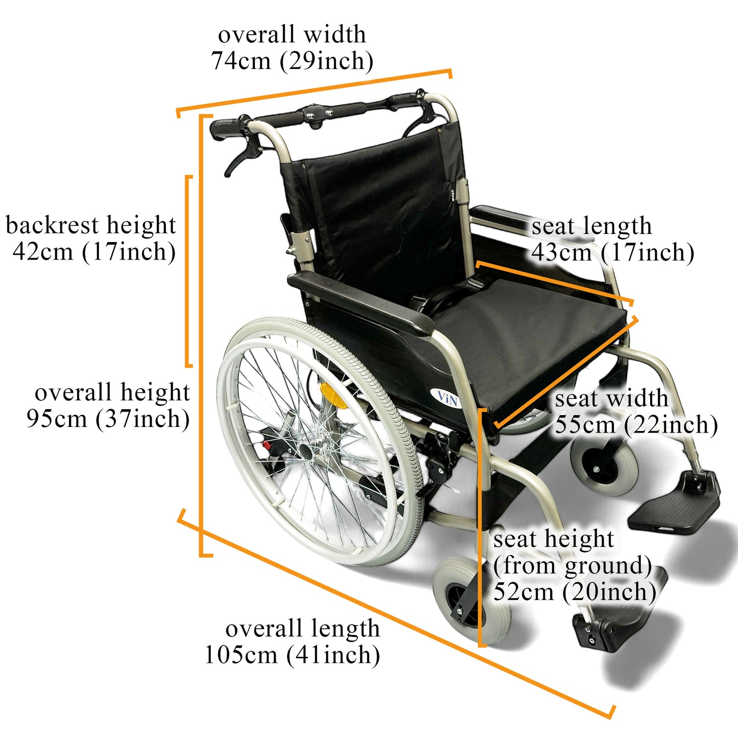 ViN 35AL | BIG Wheelchair - Hold 150 KG + 55 CM Seat Width + Self Propelled