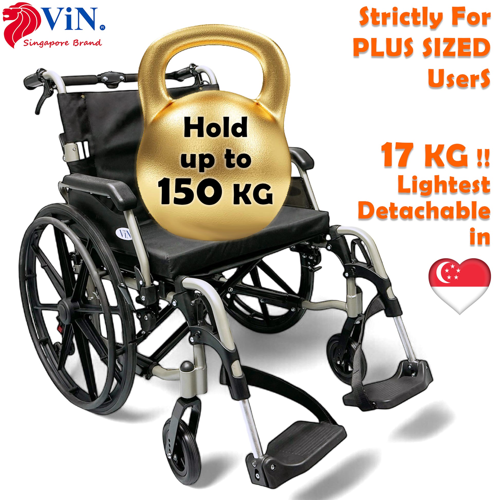 BIG Wheelchair , Hold 150 KG , 56 CM Seat Width , Self Propelled , Armrest & Leg Rest Detachable , heavy duty , aluminium , antirust , lightweight
