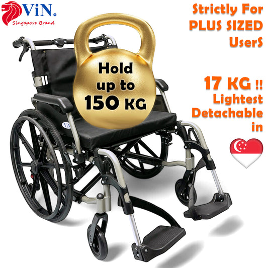 BIG Wheelchair , Hold 150 KG , 56 CM Seat Width , Self Propelled , Armrest & Leg Rest Detachable , heavy duty , aluminium , antirust , lightweight