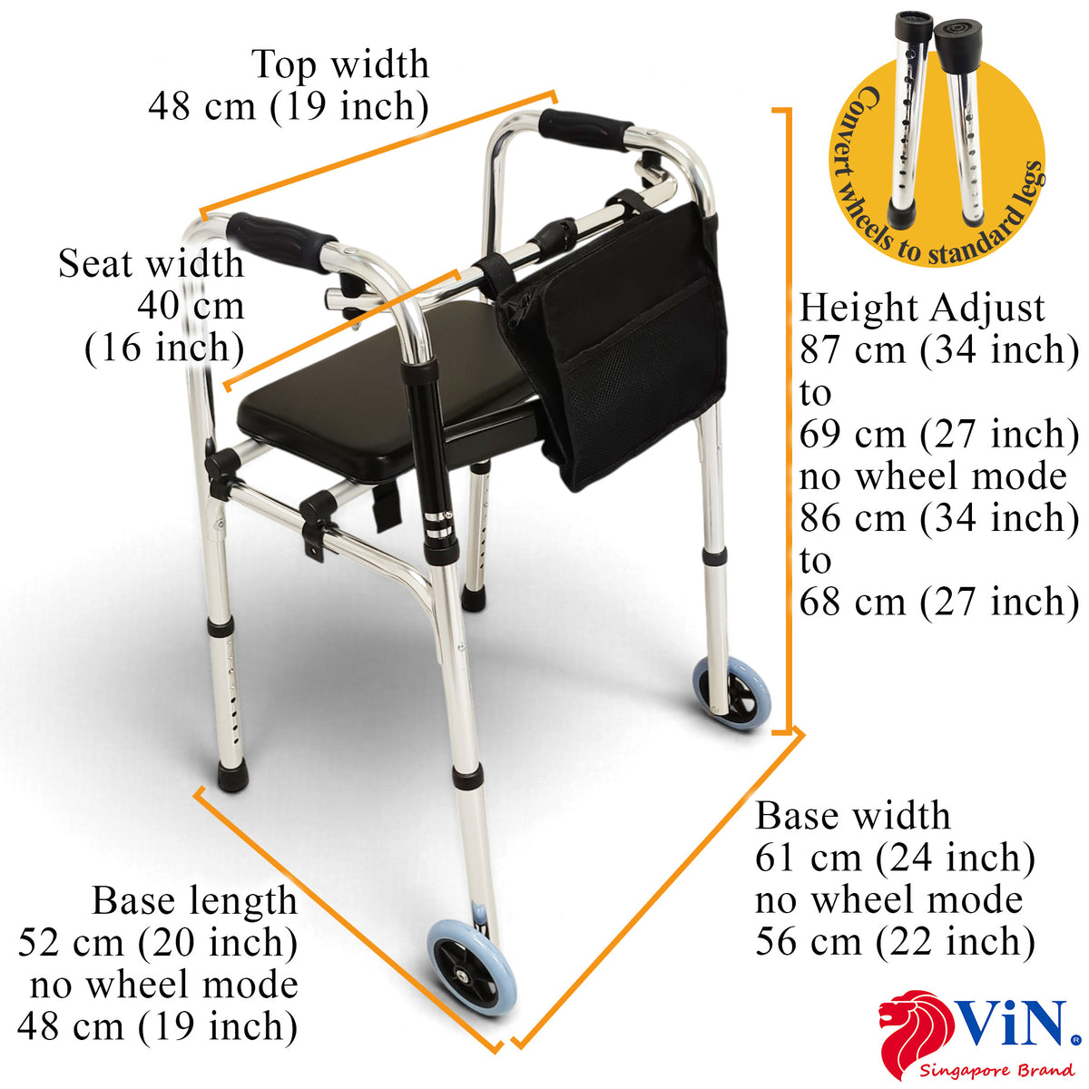 ViN WF01-ST | Elderly Walking Aid with Seat 3.8 kg Ultra Lightweight Aluminum